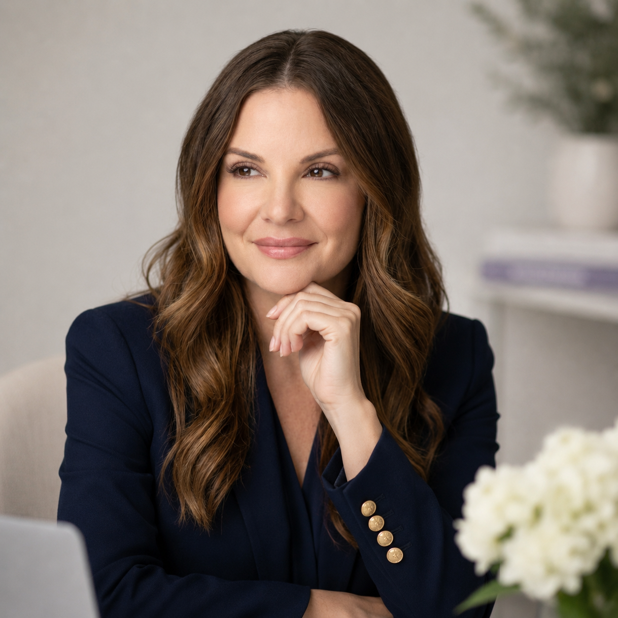 Carrie Simmons in a navy blazer, professional portrait